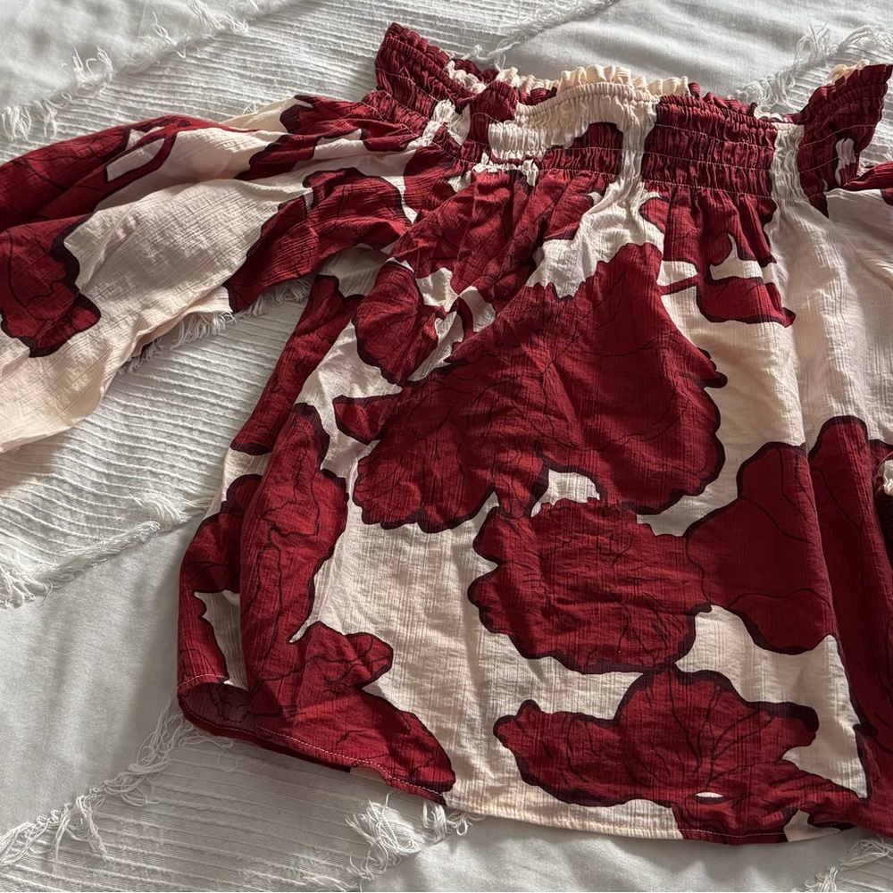 H&M Pink and Cream Smocked Off-Shoulder Top